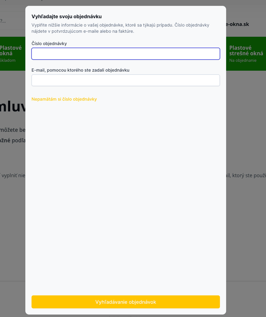 Ukážka online formulára pre vrátenie tovaru a reklamácie na e-shope Skladové okná